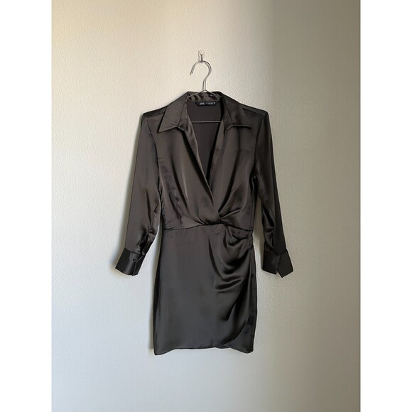 Zara Dresses & Skirts - Zara Women's Short Satin Effect Wrap Mini Dress in Charcoal Size XS